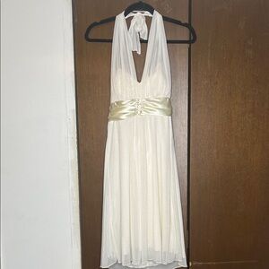 Elegant White Halter Dress with Gold Accents